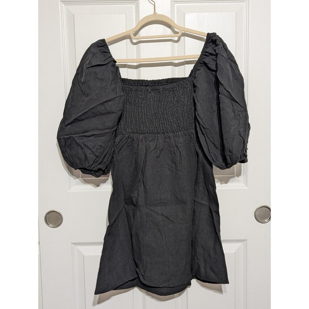 Tuckernuck NWOT Annie Smocked Mini Dress XS Black Linen Puff Sleeve Resort Wear - Picture 6 of 10